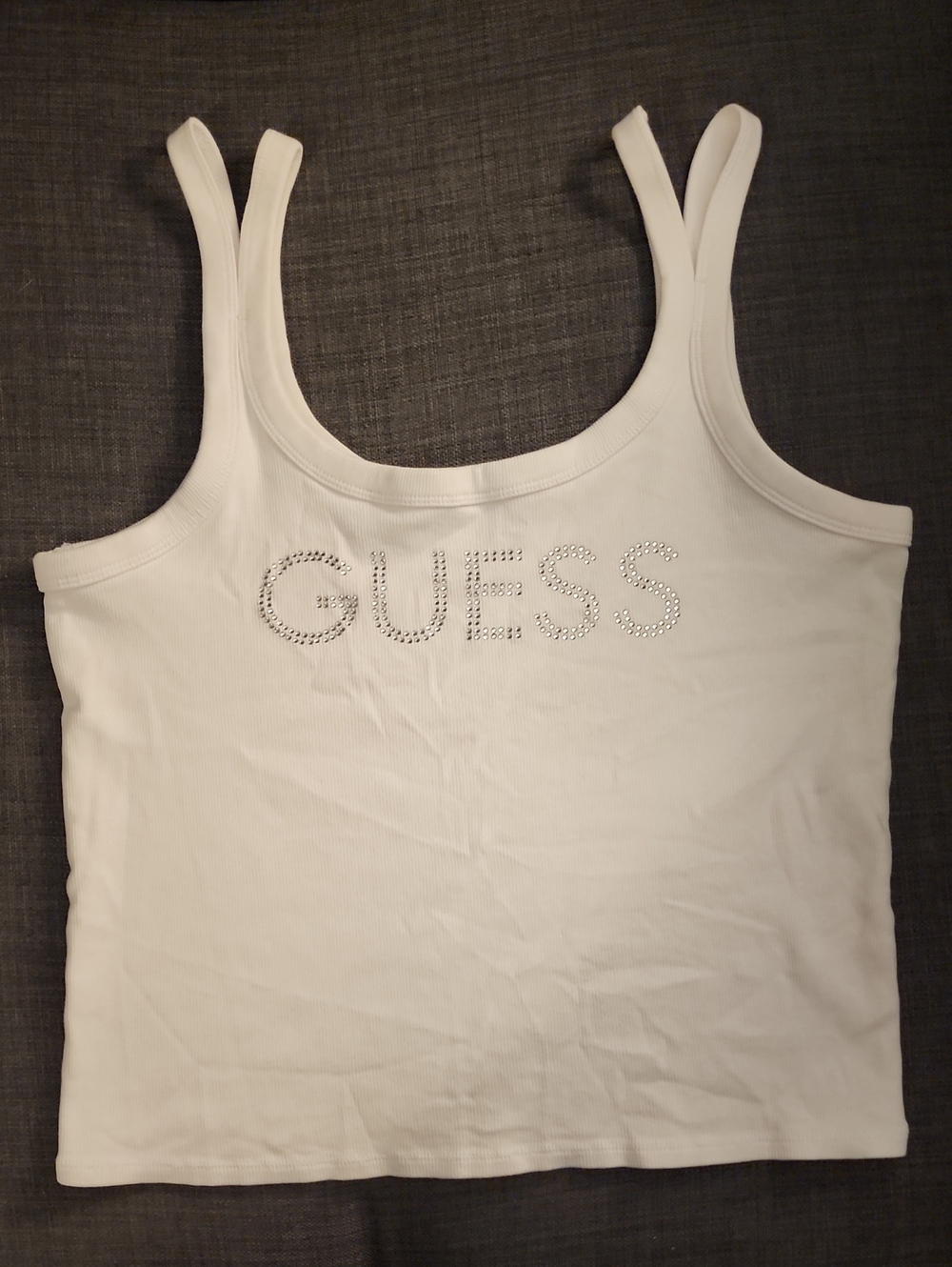 Guess White Rhinestone Logo Crop Tank